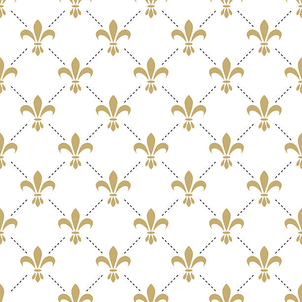 Fleur de lis seamless vector pattern. French vintage stylized lily Fleur de lis seamless vector pattern. French vintage stylized lily flower luxury royal symbol. Monarchy gold iris sign on white intersected background. fleur stock illustrations