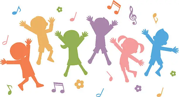 Vector illustration of Group of hand drawn children silhouettes jumping