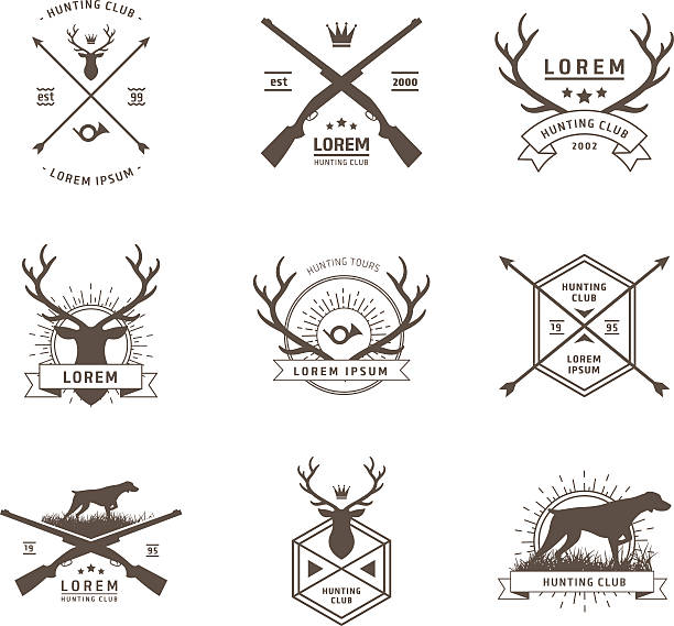 Vector set of hunting labels Vector set of hunting labels on white hunting stock illustrations
