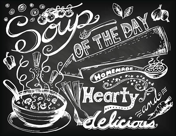 Hand Drawn Soup Doodles Soup doodles and lettering. All hand drawn on paper and vectorized. Each element or set is in its own group for easier editing. Chalkboard background. lunch designs stock illustrations
