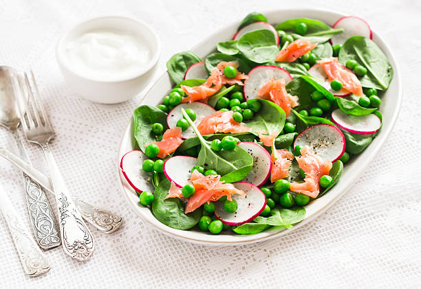 istock Smoked salmon, spinach, green pea and radish salad. 504879000