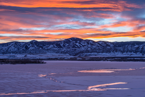 Winter sunset scene of a frozen mountain lake at southwest of Denver-Littleton in Colorado, USA.