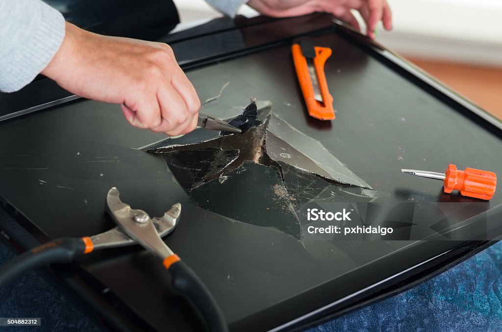 Broken Computer Hand Tools Hands Working On Broken Computer Screen Using Different Tools Stock ...