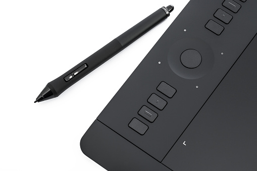 Varna, Bulgaria - January 10, 2016 Wacom Intuos pro graphic tablet with pen and holder. Intuos is a product of Wacom a Japanese company specialized in graphics tablets and related products