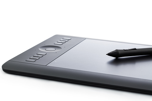 Varna, Bulgaria - January 10, 2016 Wacom Intuos pro graphic tablet with pen and holder. Intuos is a product of Wacom a Japanese company specialized in graphics tablets and related products