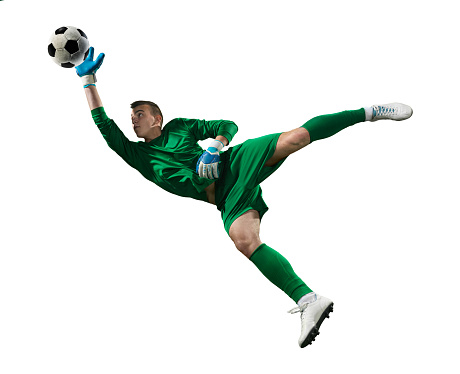 Isolated on white professional football goalkeeper in action. The player is wearing unbranded soccer uniform.