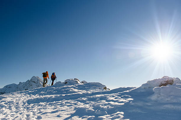 istock Group hikers in winter mountains, beautiful landscape and blue sky 504885768