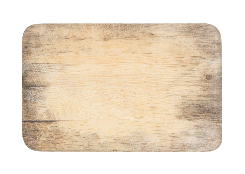 wooden chopping board with scratched surface on isolated background