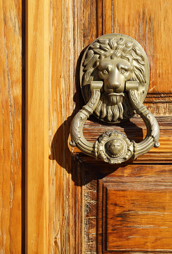 A sneering lions head with a round door knocker in it’s mouth featured on a brown metal door.