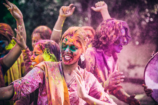 A group of young Indians hugging during the Holi Festival, in Jaipur India.