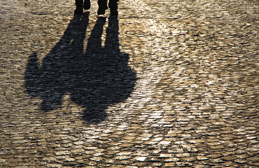 Silhouette and shadows of people walking on brick pavement