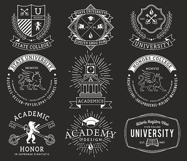 колледж и университет значки 2 wb - heraldic griffin sword crown stock illustrations