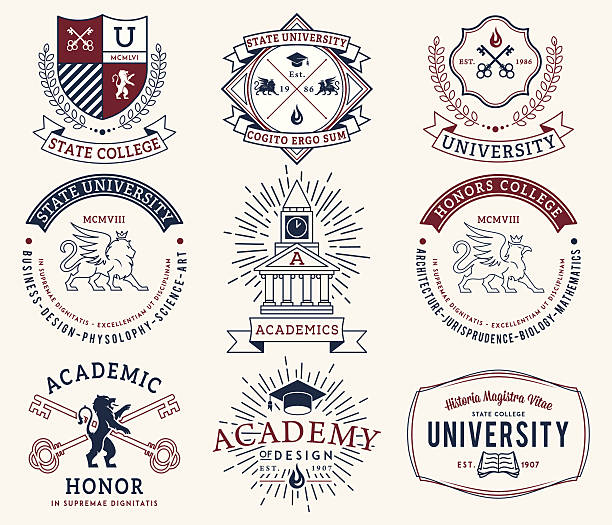 колледж и университет значки 2 цвета - heraldic griffin sword crown stock illustrations