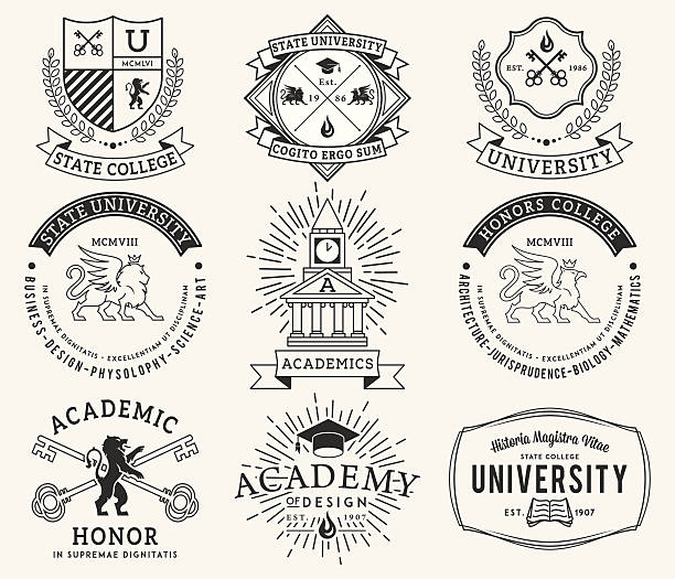 колледж и университет значки 2 черный на белом фоне - heraldic griffin sword crown stock illustrations