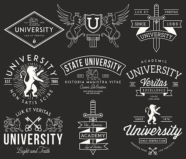 колледж и университет значки белый на черном - heraldic griffin sword crown stock illustrations
