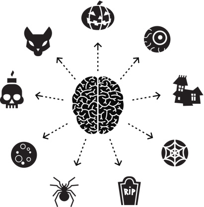 Conceptual illustration representing a brain surrounded by Halloween related icons.