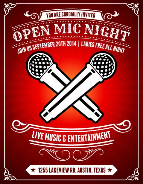 Vector illustration of Open Mic Night on Red Poster Background