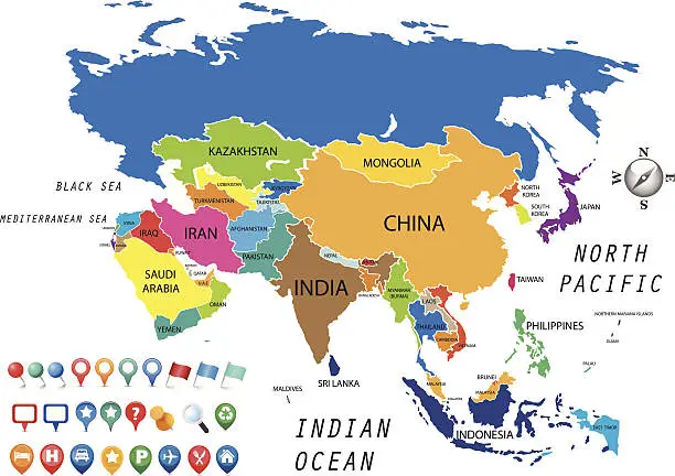 Vector illustration of colorful map of asia continent