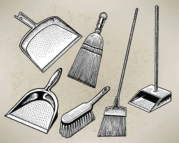 Vector illustration of Brooms & Dust Pans - Cleaning Supplies
