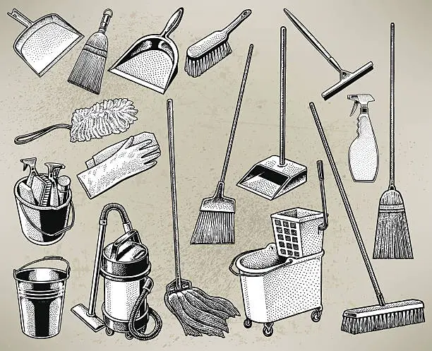 Vector illustration of Cleaning Equipment - Mop, Broom, Bucket, Spray Bottle