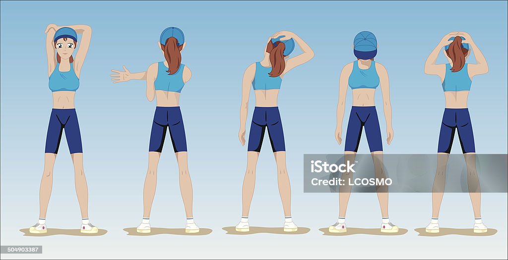 Individual woman doing stretching exercises Illustration of a girl showing physical stretching exercises Adult stock vector
