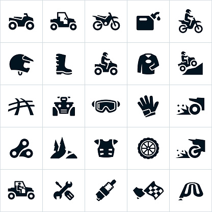 Icons related to the sport and recreational riding of ATVs, UTVs and Dirt Bikes. The icons include UTVs, four wheelers, dirt bikes, riders, gear, equipment, tools and equipment related to the sport.