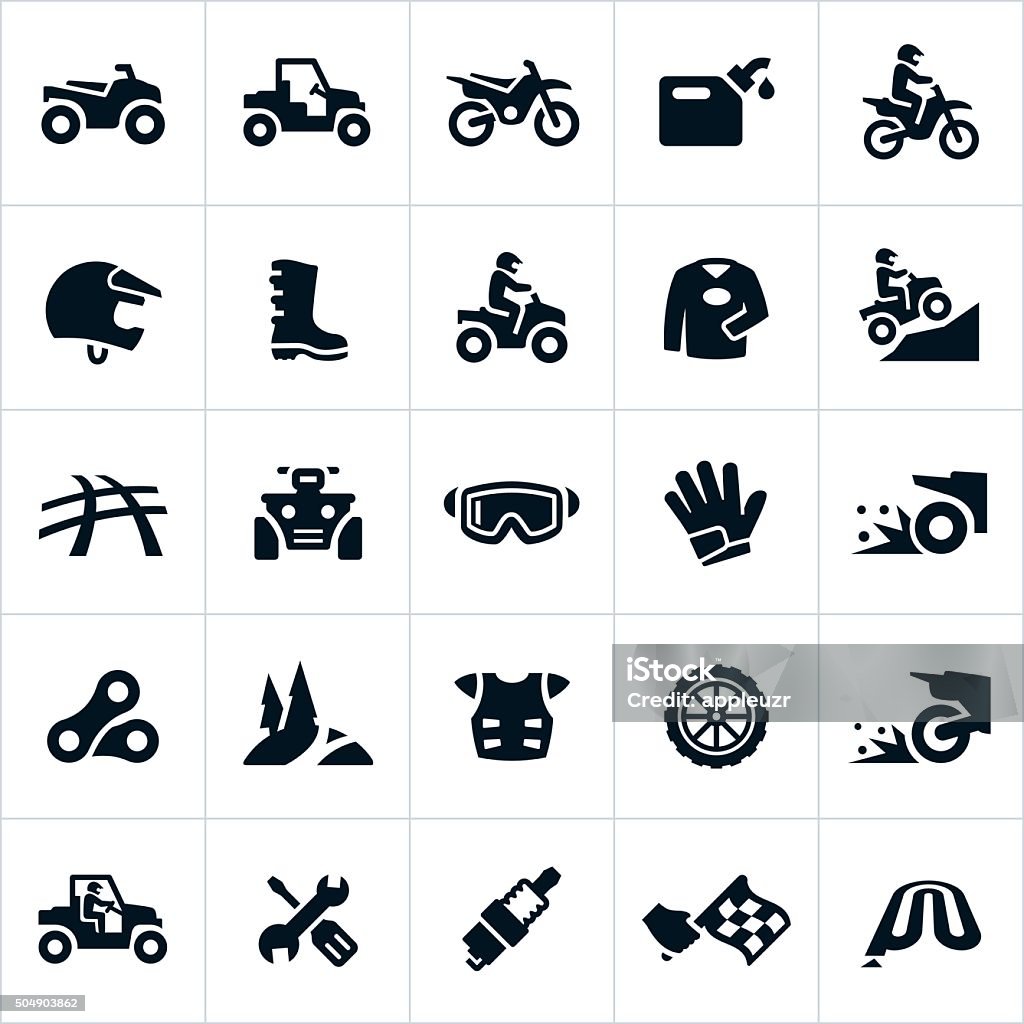 ATV, UTV and Dirt Bike Icons Icons related to the sport and recreational riding of ATVs, UTVs and Dirt Bikes. The icons include UTVs, four wheelers, dirt bikes, riders, gear, equipment, tools and equipment related to the sport. Icon Symbol stock vector