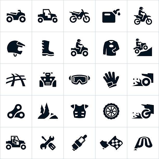 ATV, UTV and Dirt Bike Icons Icons related to the sport and recreational riding of ATVs, UTVs and Dirt Bikes. The icons include UTVs, four wheelers, dirt bikes, riders, gear, equipment, tools and equipment related to the sport. motorcycle stock illustrations
