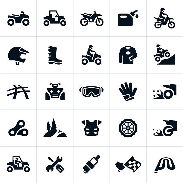 ATV, UTV and Dirt Bike Icons Icons related to the sport and recreational riding of ATVs, UTVs and Dirt Bikes. The icons include UTVs, four wheelers, dirt bikes, riders, gear, equipment, tools and equipment related to the sport. jeep off road stock illustrations