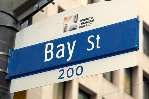 Toronto, Ontario, Canada - July 15, 2014: Bay Street sign in Toronto's Financial District.