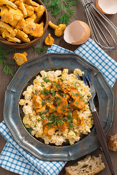 istock scrambled eggs with chanterelles and fresh dill, top view 504906047