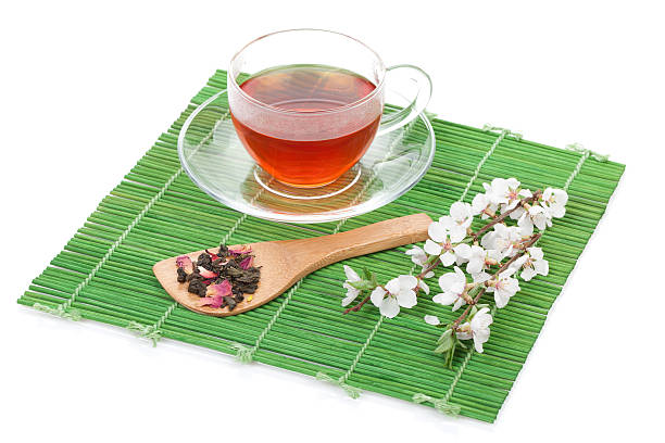 istock Japanese green tea and sakura branch over bamboo mat 504907837