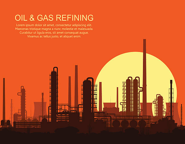 오일 및 가스 리파이너리 일몰 무렵입니다. 벡터 일러스트레이션. - architecture chemical plant diesel fuel and power generation stock illustrations