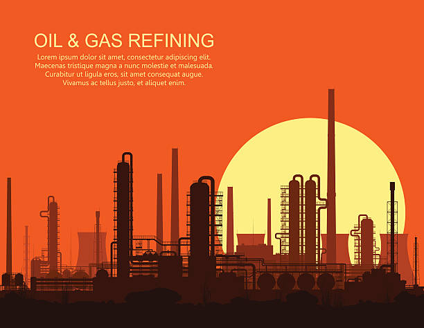 Oil and gas refinery at sunset. Vector illustration. Oil and gas refinery or chemical plant at orange sunset. Vector illustration.  oil industry stock illustrations