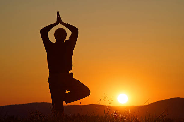 istock Silhouette of a man practicing yoga in a position Vrikshasana 504908492