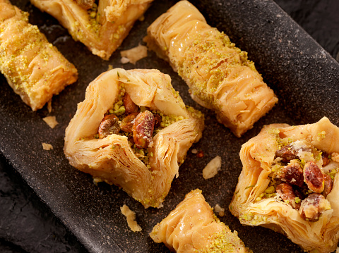 A delectable mouthwatering Filo Pastry desert with Pistachos, Honey, Cashews and Walnuts - Photographed on Hasselblad H3D2-39mb Camera