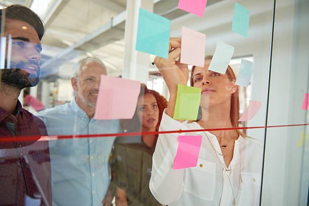istock Using glass door to make presentation to her colleagues 504913076