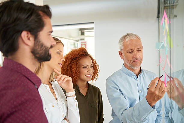 istock Using glass door to make presentation to her colleagues 504916570