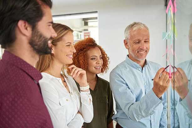 istock Using glass door to make presentation to her colleagues 504916782