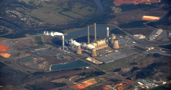 2011-12-03 Cartersville, Georgia, Georgia Power Plant, Plant Bowen, coal fueled power plant.  Aerial view