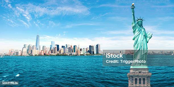 New York City Skyline Statue Of Liberty World Trade Center Stock Photo - Download Image Now