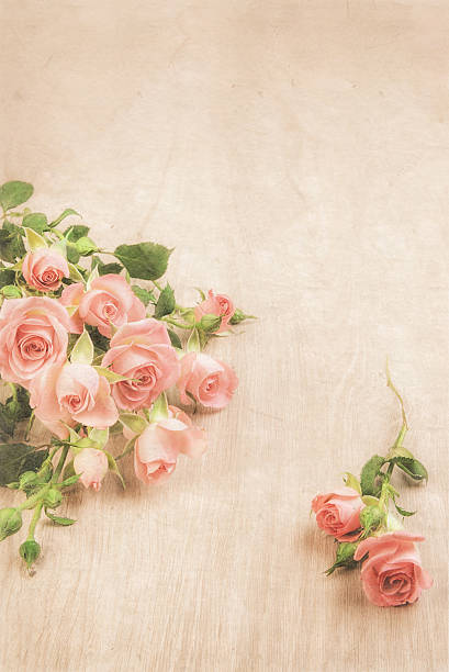istock Small pink roses on wooden table, 504927948