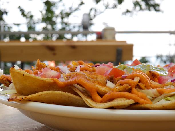 istock Plate of nachos with melted cheese sauce 504928022
