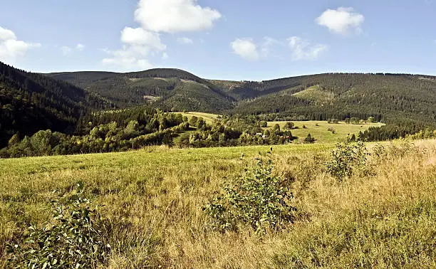 autumn panorama of Kralicky Sneznik mountains with meadow, hills and blue sky with clouds