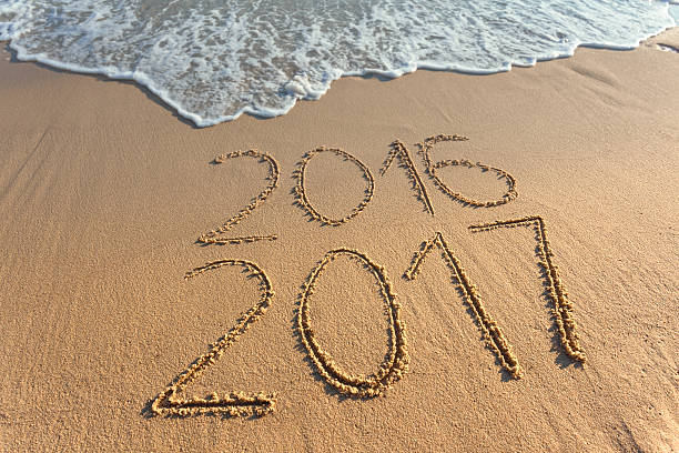 istock Digits 2017 and 2016 on coast sand at sunset 504931710