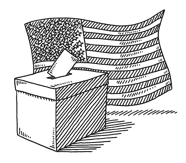Ballot Box American Flag Drawing Hand-drawn vector drawing of a Ballot Box in front of an American Flag. Black-and-White sketch on a transparent background (.eps-file). Included files are EPS (v10) and Hi-Res JPG. voting drawings stock illustrations