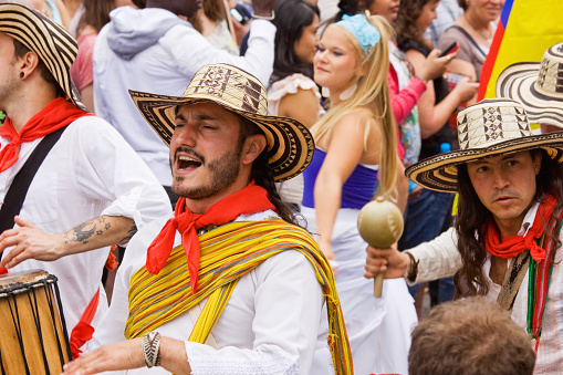 Bristol, England - July 2, 2011: Latin American musicians participating in the annual St Pauls “Afrikan-Caribbean” carnival parade. A record crowd of 80,000 attended the street event