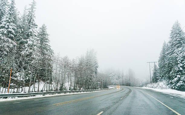 strada vuota con neve coperto paesaggio nella stagione invernale. - tree leavenworth snow sky foto e immagini stock
