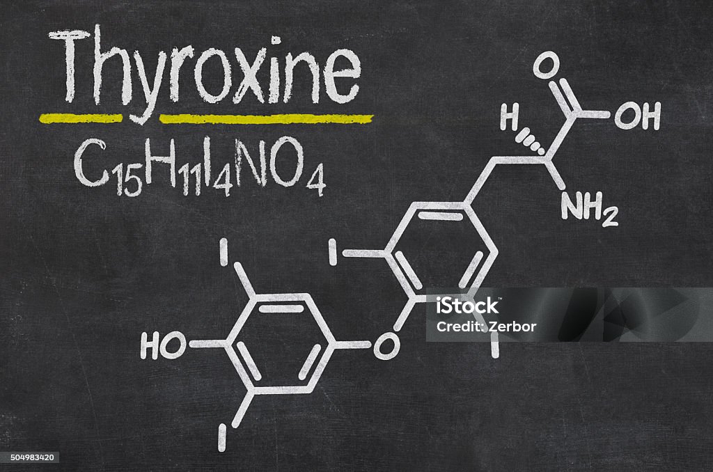 Tableau noir avec la formule chimique du Thyroxine - Photo de Abstrait libre de droits