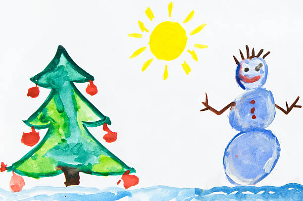 disegno di bambino con pupazzo di neve - child art childs drawing painted image foto e immagini stock